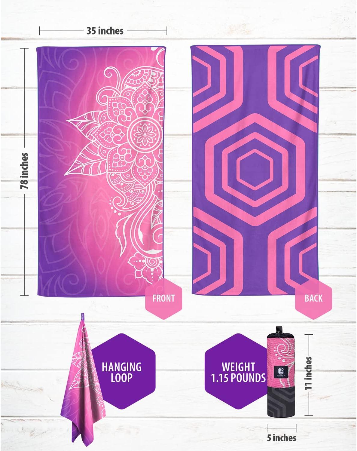 image:imageVENTURE 4TH Microfiber Beach Towel QuickDry Compact SandFree Absorbent Sandproof and Lightweight Perfect for Camping Beach and Roadtrips Dark Blue Stripes Design 35x78 inchesPurple Mandala