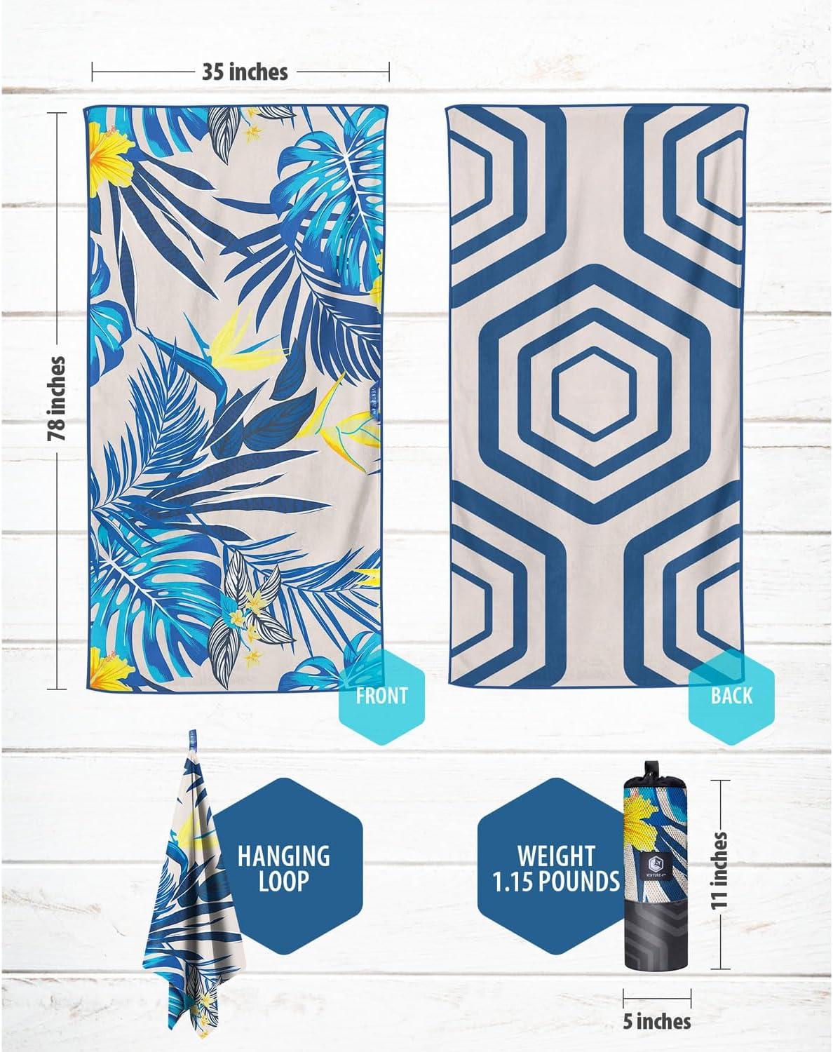 image:imageVENTURE 4TH Microfiber Beach Towel QuickDry Compact SandFree Absorbent Sandproof and Lightweight Perfect for Camping Beach and Roadtrips Dark Blue Stripes Design 35x78 inchesHibiscus
