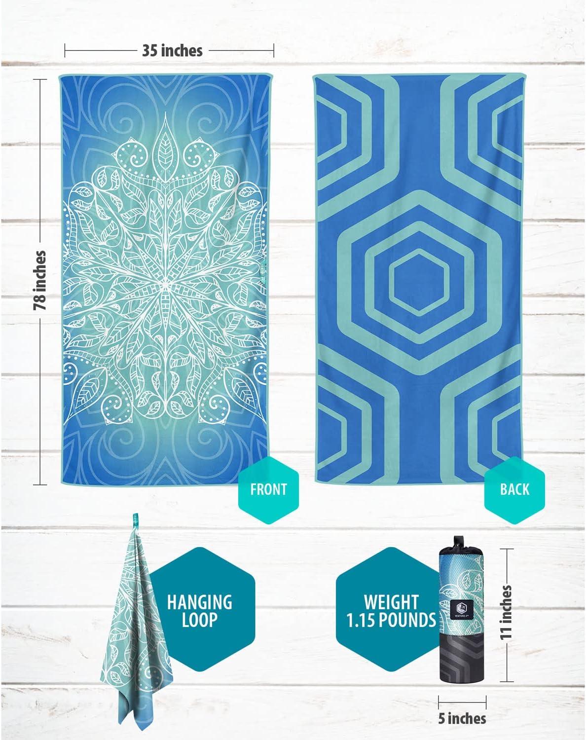 image:imageVENTURE 4TH Microfiber Beach Towel QuickDry Compact SandFree Absorbent Sandproof and Lightweight Perfect for Camping Beach and Roadtrips Dark Blue Stripes Design 35x78 inchesBlue Mandala