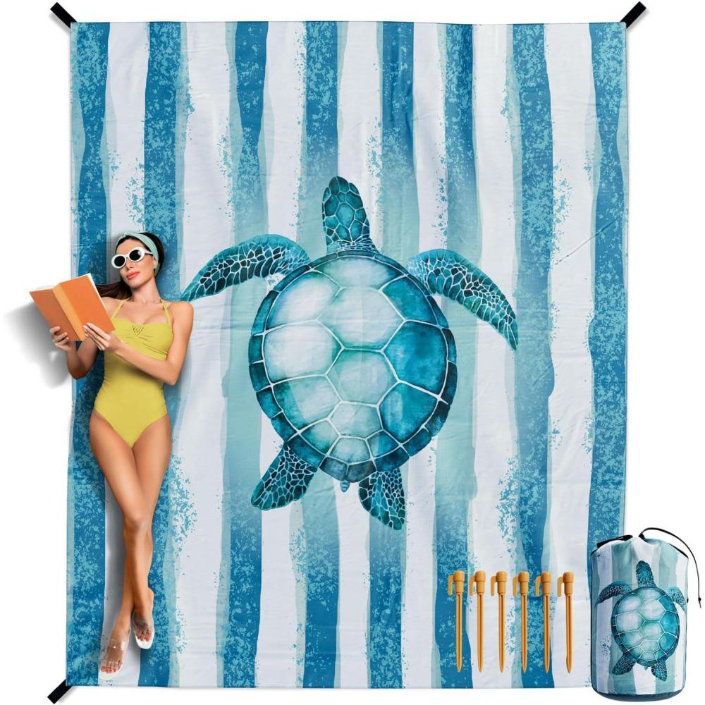 image:imageVENTURE 4TH FamilySize Beach Blanket Sandproof Waterproof Lightweight amp Compact Includes Stakes and Carry Bag 7x8 feet XL Striped Turtle
