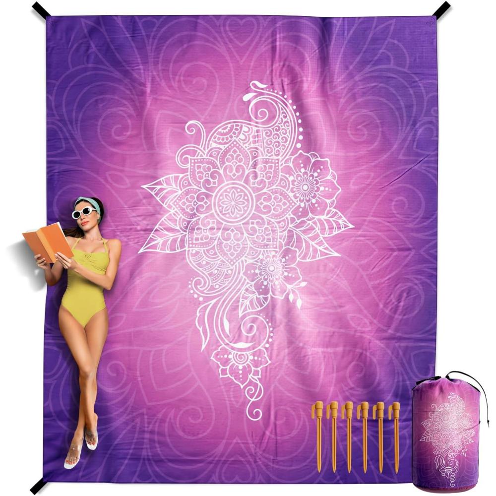 image:imageVENTURE 4TH FamilySize Beach Blanket Sandproof Waterproof Lightweight amp Compact Includes Stakes and Carry Bag 9x10 feet XXL Purple Mandala