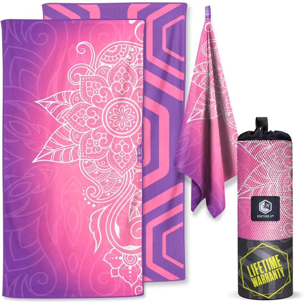 image:imageVENTURE 4TH Microfiber Beach Towel QuickDry Compact SandFree Absorbent Sandproof and Lightweight Perfect for Camping Beach and Roadtrips Dark Blue Stripes Design 35x78 inchesPurple Mandala