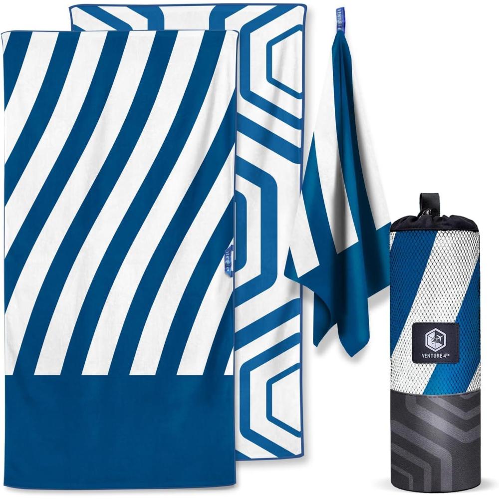 image:imageVENTURE 4TH Microfiber Beach Towel QuickDry Compact SandFree Absorbent Sandproof and Lightweight Perfect for Camping Beach and Roadtrips Dark Blue Stripes Design 35x78 inchesDark Blue