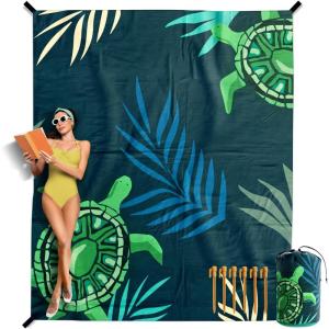 image:imageVENTURE 4TH FamilySize Beach Blanket Sandproof Waterproof Lightweight amp Compact Includes Stakes and Carry Bag 7x8 feet XL Navy Turtle
