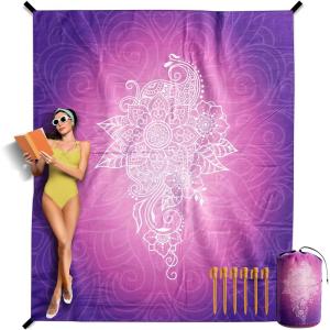 image:imageVENTURE 4TH FamilySize Beach Blanket Sandproof Waterproof Lightweight amp Compact Includes Stakes and Carry Bag 7x8 feet XL Purple Mandala