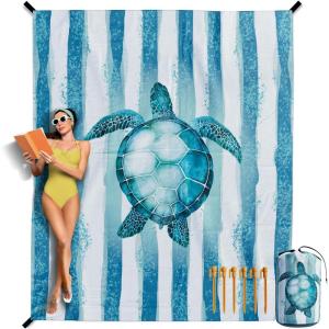 image:imageVENTURE 4TH FamilySize Beach Blanket Sandproof Waterproof Lightweight amp Compact Includes Stakes and Carry Bag 7x8 feet XL Striped Turtle