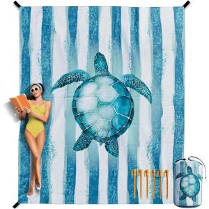 image:imageVENTURE 4TH FamilySize Beach Blanket Sandproof Waterproof Lightweight amp Compact Includes Stakes and Carry Bag 9x10 feet XXL Striped Turtle