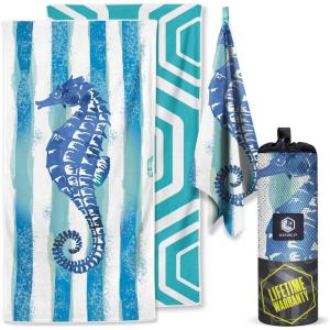 image:imageVENTURE 4TH Microfiber Beach Towel QuickDry Compact SandFree Absorbent Sandproof and Lightweight  Perfect for Camping Beach and Roadtrips Dark Blue Stripes Design  35x78 inchesStriped Seahorse