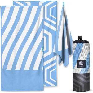 image:imageVENTURE 4TH Microfiber Beach Towel QuickDry Compact SandFree Absorbent Sandproof and Lightweight  Perfect for Camping Beach and Roadtrips Dark Blue Stripes Design  35x78 inchesSky Blue