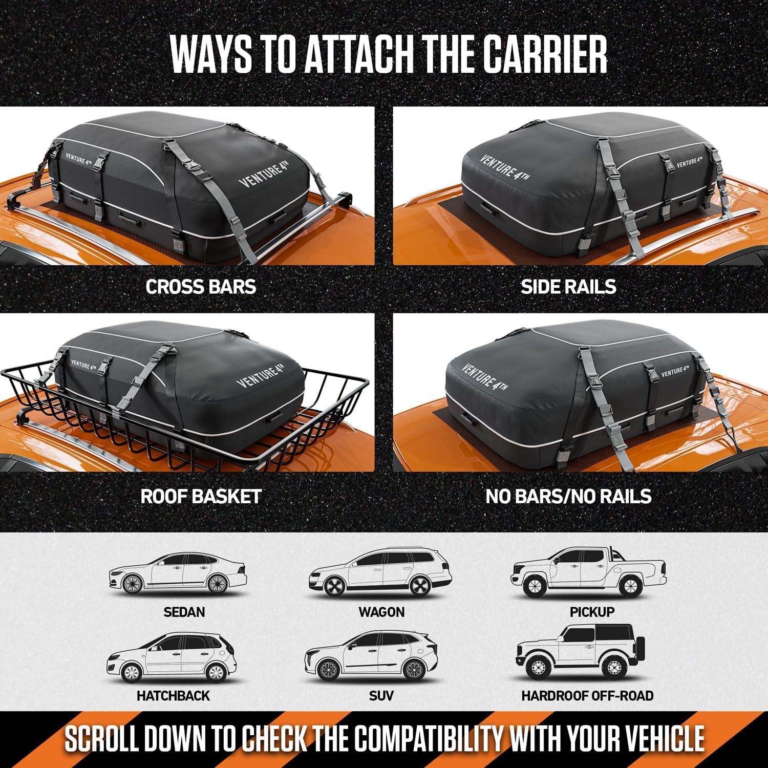 image:imageVENTURE 4TH Car Rooftop Cargo Carrier 21 Cubic Feet SoftShell Waterproof Roof Bag with 10 HeavyDuty Compression amp TieDown Straps AntiSlip Mat amp Door Hooks Fits Cars with or Without Roof Rack21 Cubic Feet