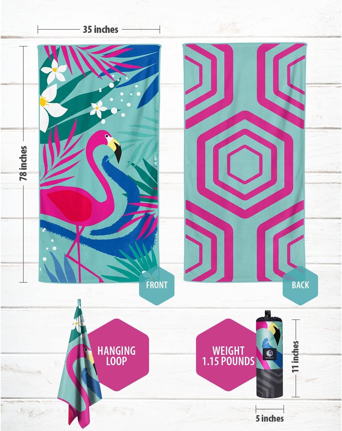 image:imageVENTURE 4TH Microfiber Beach Towel QuickDry Compact SandFree Absorbent Sandproof and Lightweight Perfect for Camping Beach and Roadtrips Navy Turtle Design 35x78 inchesTurquoise Flamingo