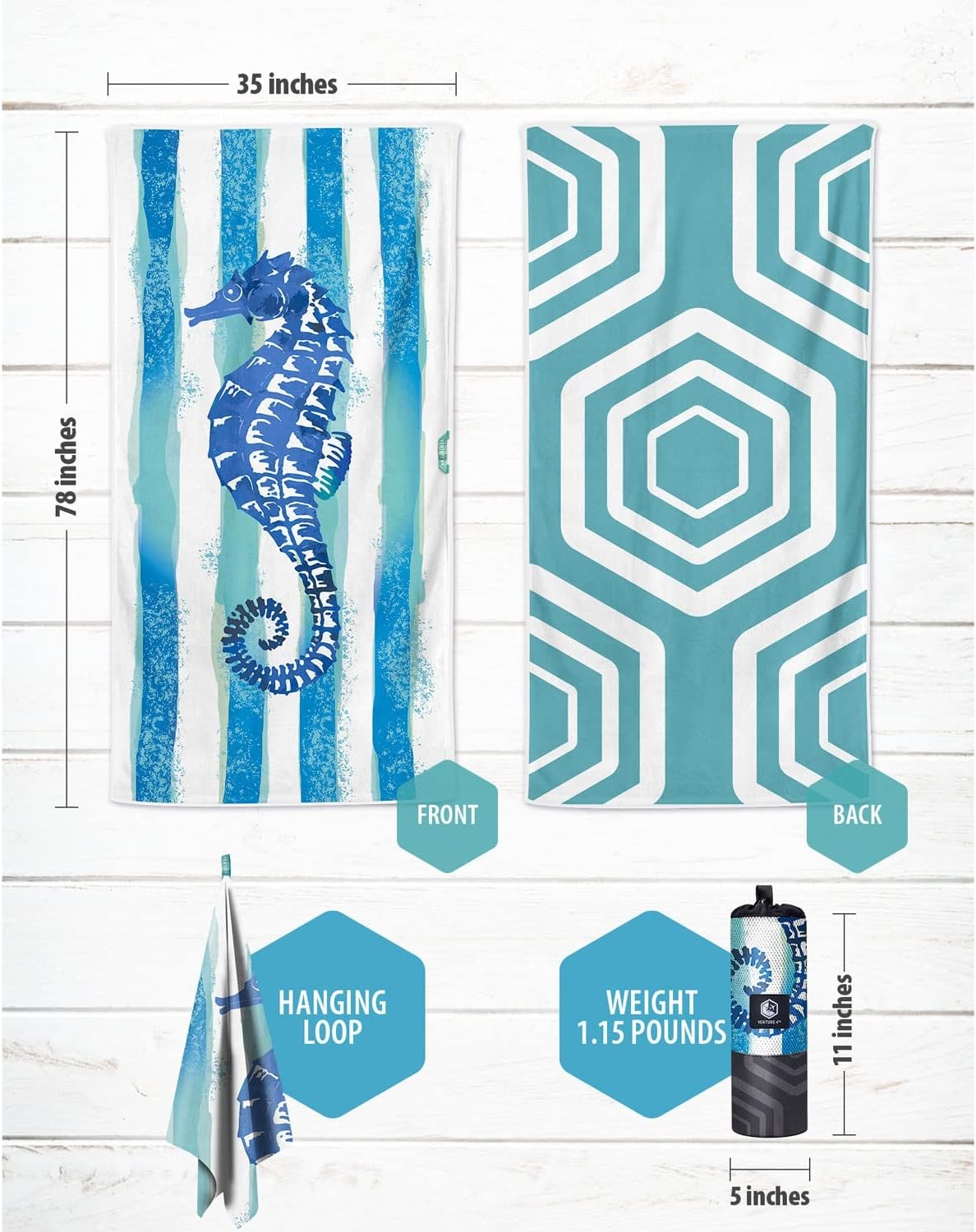 image:imageVENTURE 4TH Microfiber Beach Towel QuickDry Compact SandFree Absorbent Sandproof and Lightweight Perfect for Camping Beach and Roadtrips Navy Turtle Design 35x78 inchesStriped Seahorse