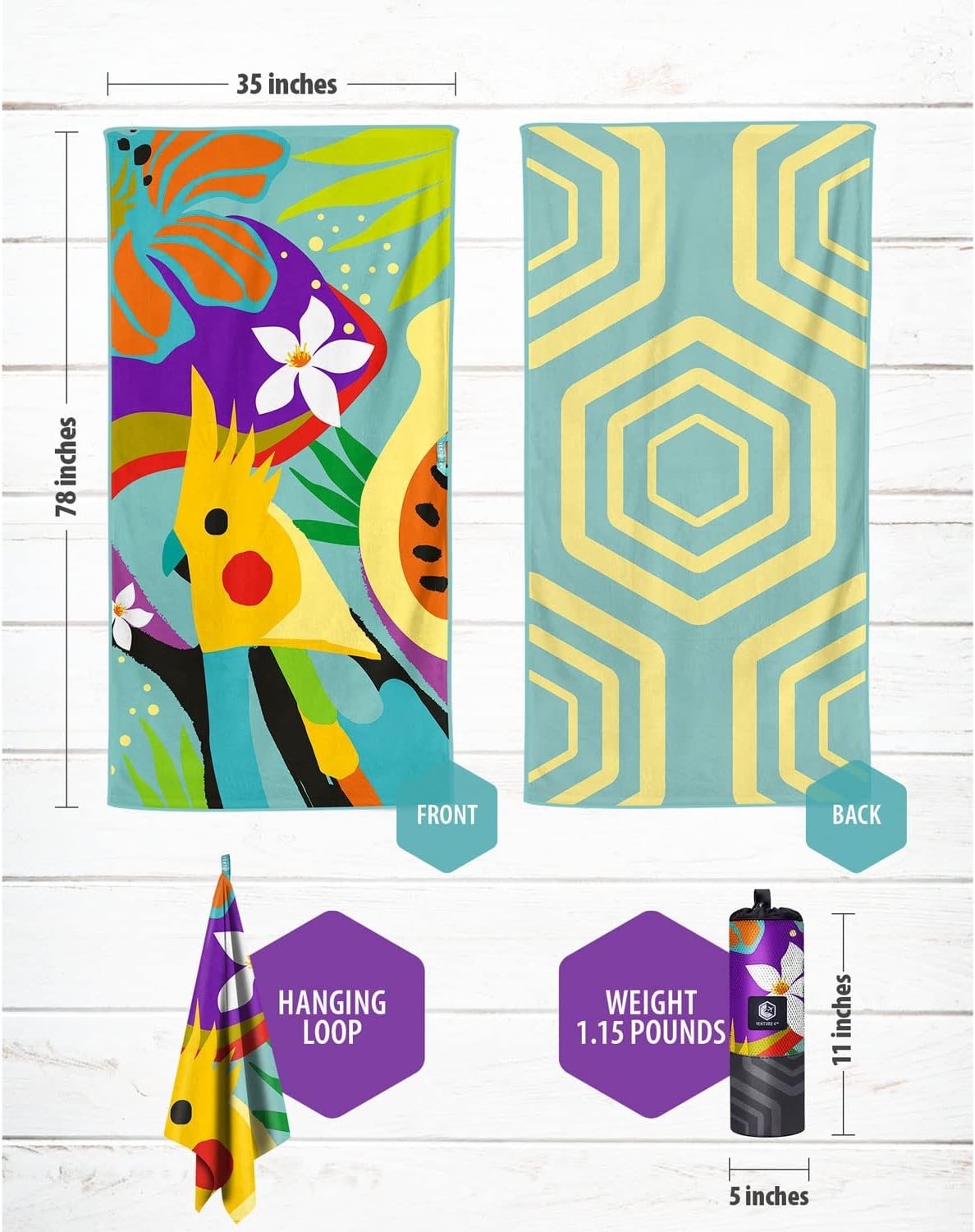 image:imageVENTURE 4TH Microfiber Beach Towel QuickDry Compact SandFree Absorbent Sandproof and Lightweight Perfect for Camping Beach and Roadtrips Navy Turtle Design 35x78 inchesTurquoise Cockatoo