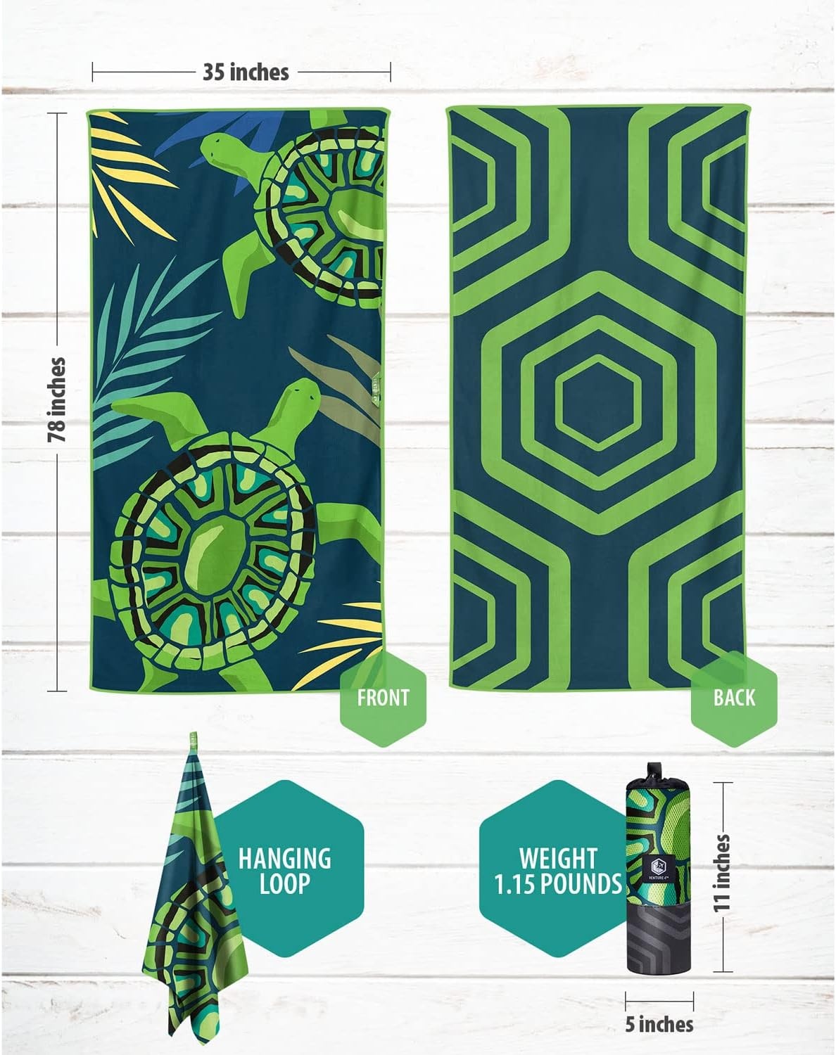 image:imageVENTURE 4TH Microfiber Beach Towel QuickDry Compact SandFree Absorbent Sandproof and Lightweight Perfect for Camping Beach and Roadtrips Navy Turtle Design 35x78 inchesNavy Turtle