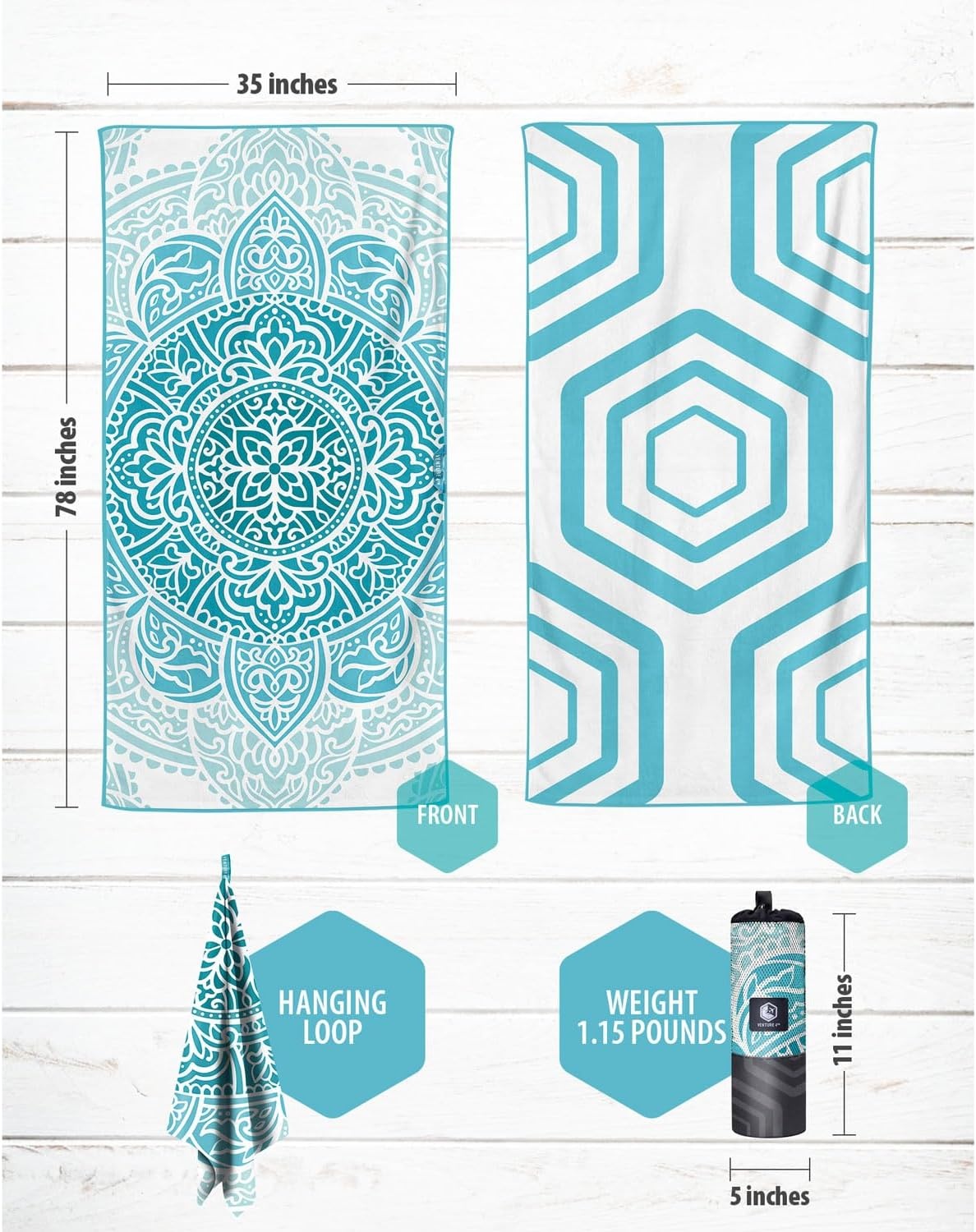 image:imageVENTURE 4TH Microfiber Beach Towel QuickDry Compact SandFree Absorbent Sandproof and Lightweight Perfect for Camping Beach and Roadtrips Navy Turtle Design 35x78 inchesOcean Mandala