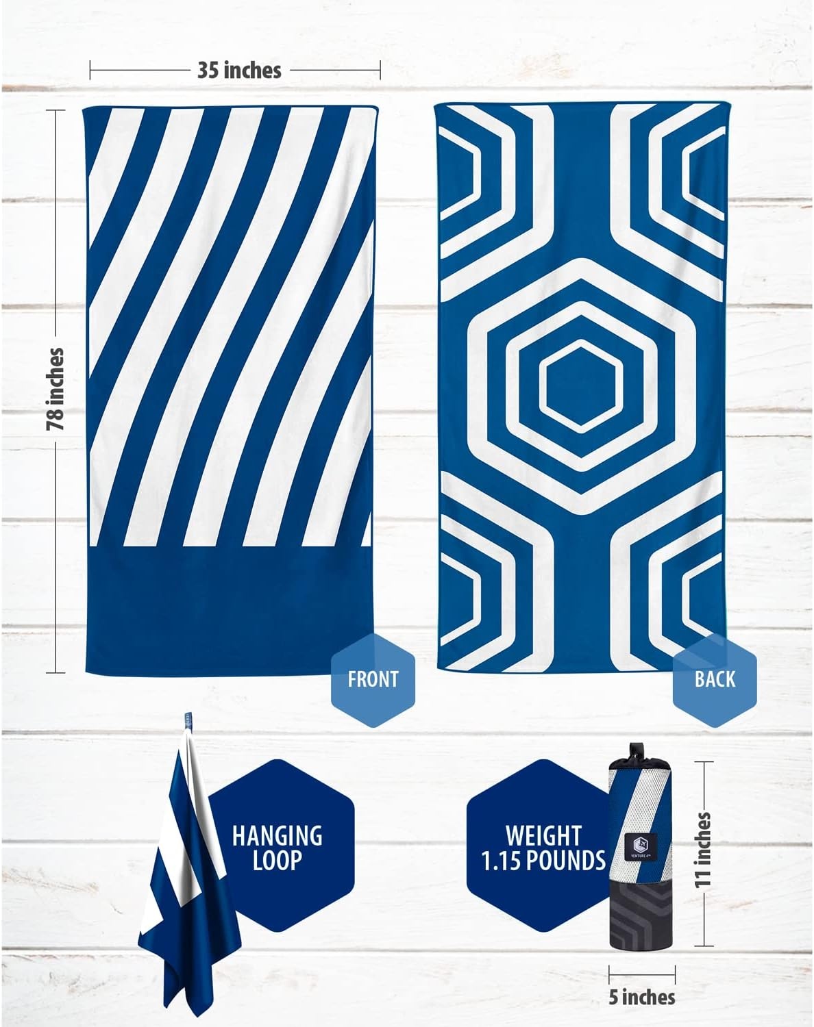 image:imageVENTURE 4TH Microfiber Beach Towel QuickDry Compact SandFree Absorbent Sandproof and Lightweight Perfect for Camping Beach and Roadtrips Navy Turtle Design 35x78 inchesDark Blue