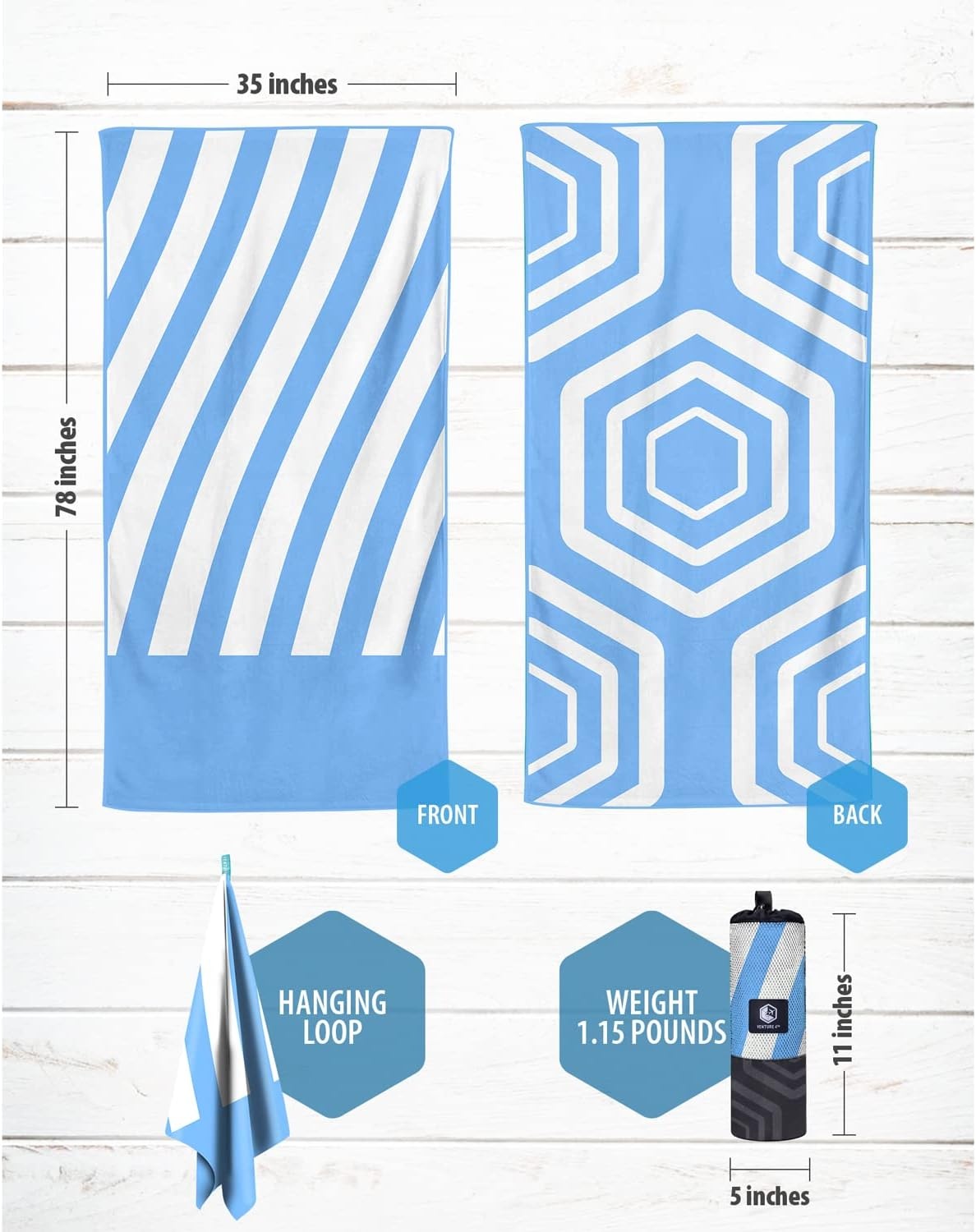 image:imageVENTURE 4TH Microfiber Beach Towel QuickDry Compact SandFree Absorbent Sandproof and Lightweight Perfect for Camping Beach and Roadtrips Navy Turtle Design 35x78 inchesSky Blue