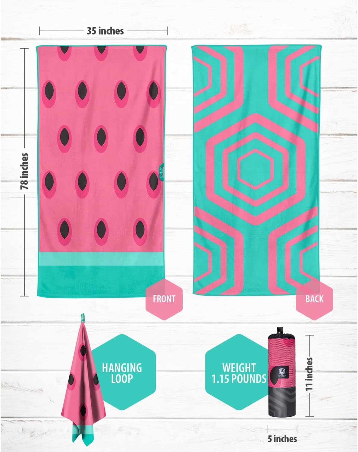 image:imageVENTURE 4TH Microfiber Beach Towel QuickDry Compact SandFree Absorbent Sandproof and Lightweight Perfect for Camping Beach and Roadtrips Navy Turtle Design 35x78 inchesWatermelon