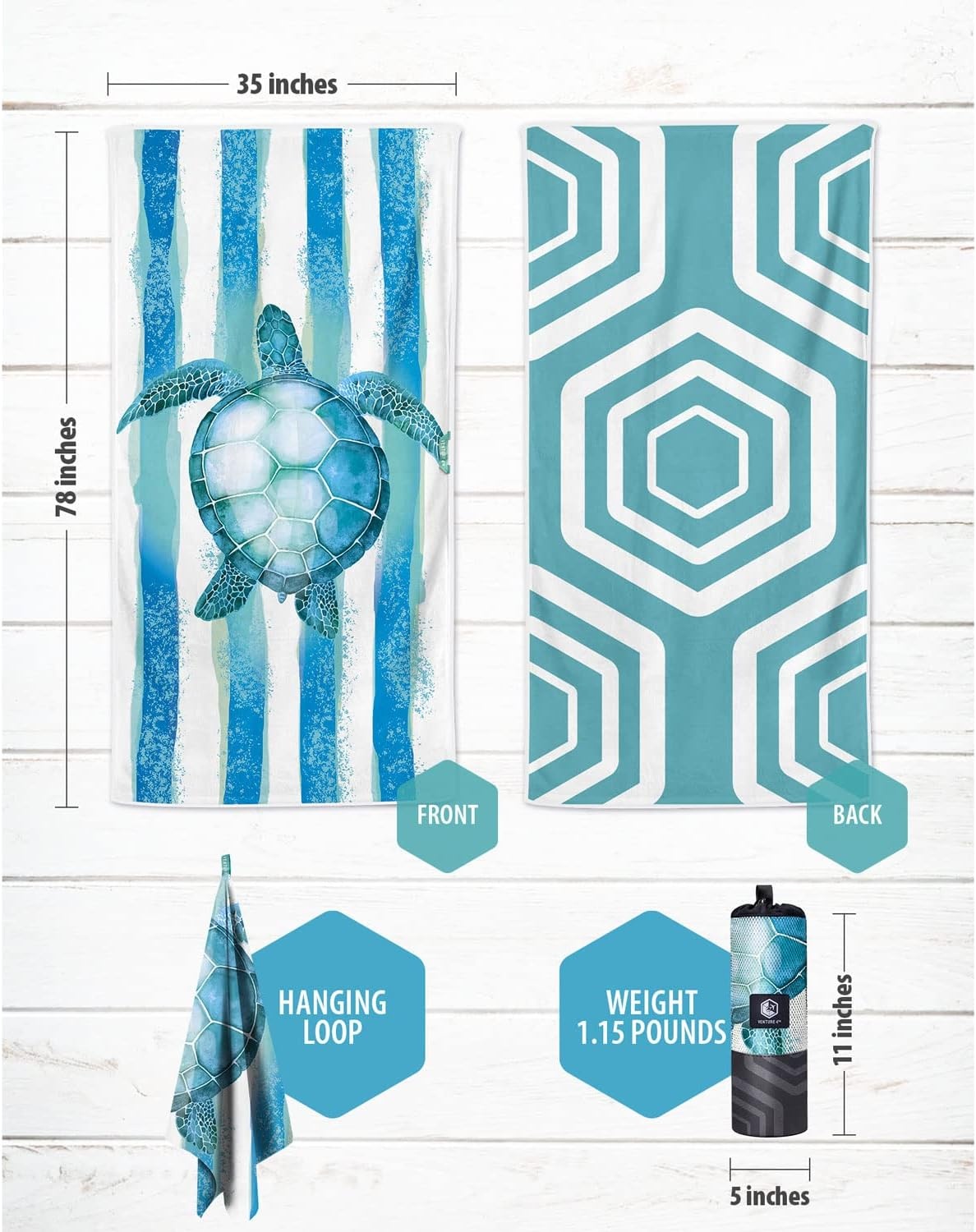 image:imageVENTURE 4TH Microfiber Beach Towel QuickDry Compact SandFree Absorbent Sandproof and Lightweight Perfect for Camping Beach and Roadtrips Navy Turtle Design 35x78 inchesStriped Turtle